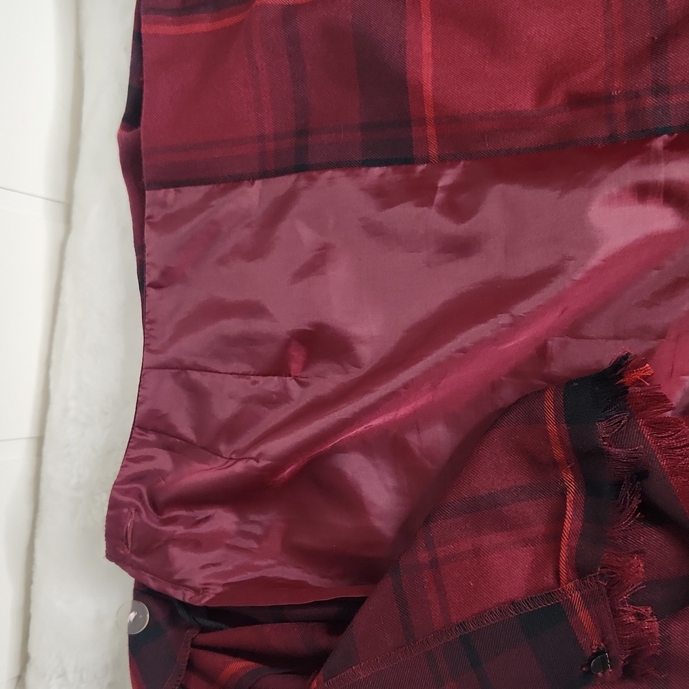 Y2K Red Plaid Side Fringe Classic Office Holiday Wrap Maxi Skirt - Picture 6 of 9